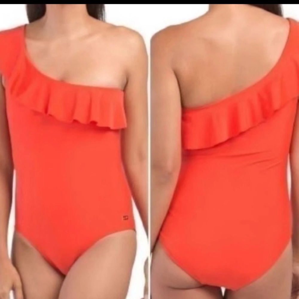 JONES NEW YORK Solid Orange frill ruffle one shoulder swimsuit size medium